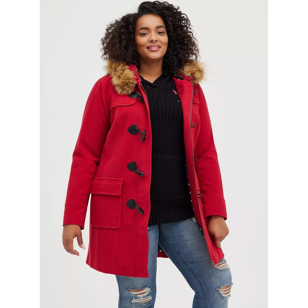 Torrid Toggle Duffle Coat Women 1X Red New Faux Fur Hood Polka Dot Lining